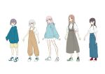  5girls absurdres bang_dream! bang_dream!_it&#039;s_mygo!!!!! bare_legs blue_eyes blue_footwear blue_hoodie blue_pants brown_hair brown_overalls chihaya_anon closed_mouth commentary_request dress full_body grey_dress grey_eyes grey_hair highres hood hoodie kaname_raana long_hair long_sleeves looking_at_viewer mole mole_under_eye multiple_girls mygo!!!!!_(bang_dream!) nagasaki_soyo overalls pants pinafore_dress pink_hair pleated_skirt red_eyes red_footwear shiina_taki shirt shoes short_hair short_sleeves shorts shu_atelier simple_background skirt sleeveless sleeveless_dress sleeves_past_wrists sleeves_rolled_up smile sneakers takamatsu_tomori violet_eyes white_background white_hair white_shirt white_skirt yellow_shorts 