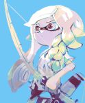  1girl asymmetrical_hair bike_shorts black_shorts blonde_hair blue_background bow_(weapon) braid highres holding holding_bow_(weapon) holding_weapon inkling inkling_girl inkling_player_character koike3582 long_hair pointy_ears shirt short_sleeves shorts solo splatoon_(series) suction_cups tentacle_hair torn_clothes torn_shirt tri-stringer_(splatoon) weapon white_eyes white_shirt 