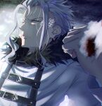  1boy absurdres blood blood_on_hands clenched_hand facial_mark fur-trimmed_robe fur_trim grey_hair highres male_focus mushoku_tensei orsted_(mushoku_tensei) robe short_hair slit_pupils solo tokioka_a7 white_robe yellow_eyes 