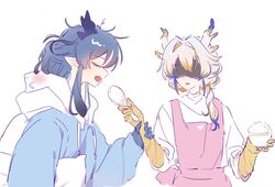  2girls alternate_costume apron arknights arm_grab blonde_hair blue_hair chinese_commentary closed_eyes colored_extremities commentary_request dragon_girl dragon_horns fang grey_hair hair_intakes highres holding horns incest indirect_kiss kemono_(fukanasumi) ling_(arknights) long_hair long_sleeves looking_at_another multiple_girls no_earrings open_mouth pink_apron pointy_ears profile rice shaded_face shamoji shu_(arknights) siblings simple_background sisters sketch split_mouth upper_body white_background yuri 