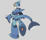  1boy armor artist_name blue_armor blue_helmet blue_tail cetacean_tail fins fish_tail forehead_jewel from_behind full_body green_eyes grey_background head_fins highres kuwagata_mura looking_at_viewer looking_back male_focus mega_man_(series) mega_man_x_(series) simple_background solo tail x_(mega_man) 