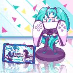  1girl black_footwear blue_eyes blue_hair blue_necktie boots cellphone collared_shirt dualsense earpiece english_commentary figure hatsune_miku hoshino_ichika_(project_sekai) lowres mixed-language_commentary necktie phone pixel_art playstation_controller project_sekai reflection shirt smartphone smile thigh_boots twintails vocaloid white_shirt ycsawampfp 