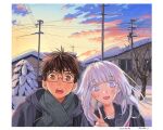  1boy 1girl absurdres black_hair black_serafuku blue_eyes blush brown_eyes clouds coat commentary_request couple glasses grey_hair hetero highres long_hair looking_at_viewer neckerchief open_mouth original outdoors pink_neckerchief school_uniform serafuku sky smile snow twilight v winter winter_clothes yamagata_atsuka 