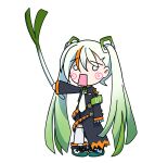  1girl absurdres aosaki_yato armband belt black_jacket blush_stickers chibi commentary delinquent fighting_miku_(project_voltage) food gradient_hair green_hair hachune_miku hatsune_miku highres holding holding_food holding_spring_onion holding_vegetable jacket leekspin_(meme) long_hair meme miku_miku_ni_shite_ageru_(vocaloid) multicolored_hair necktie o_o open_mouth pokemon project_voltage shoes simple_background sneakers spring_onion thigh-highs twintails vegetable very_long_hair vocaloid white_background white_hair white_necktie white_thighhighs 