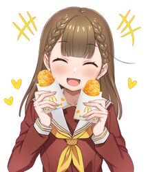  +++ 1girl ^_^ absurdres blush braid brown_dress brown_hair center-flap_bangs closed_eyes collarbone dress facing_viewer food happy hash_browns hasu_no_sora_school_uniform heart highres holding holding_food kachimachi_kosuzu link!_like!_love_live! long_hair long_sleeves loose_hair_strand love_live! mcdonald&#039;s neckerchief open_mouth sailor_collar sailor_dress school_uniform side_braids simple_background smile solo straight_hair virtual_youtuber white_background white_sailor_collar winter_uniform yamada_taishi yellow_neckerchief 