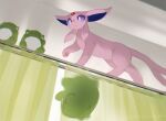  colored_sclera espeon green_curtains indoors looking_at_viewer nagasaki_wonderful no_humans pokemon pokemon_(creature) purple_sclera solo substitute_(pokemon) 