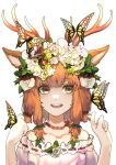  1girl :d animal_ears antlers bare_shoulders bug butterfly butterfly_on_hair butterfly_on_hand choker commentary deer_antlers deer_ears deer_girl dot_nose english_commentary flower frilled_shirt frills head_wreath highres hisui_ill horns open_mouth orange_choker orange_hair original red_flower shirt simple_background smile solo teeth tongue upper_teeth_only white_background white_flower white_shirt yellow_flower 
