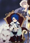  2boys absurdres against_fourth_wall animal belt blue_hair braid cu_chulainn_(caster)_(fate) cu_chulainn_(fate) dog earrings fate/grand_order fate_(series) fingerless_gloves fur-trimmed_hood fur_trim gloves highres holding holding_animal holding_dog hood jewelry leaning_on_weapon looking_at_viewer male_focus multiple_boys on_chair red_eyes setanta_(fate) single_braid sitting staff throne toeless_footwear user_pdnh7333 white_fur wolf yellow_eyes 