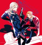  2boys absurdres black_footwear black_gloves black_necktie black_pants black_vest blonde_hair blue_eyes blue_jacket camus_(uta_no_prince-sama) card collared_shirt earrings feet_out_of_frame finger_on_trigger from_side full_body gloves gun half_updo hand_on_own_hip handgun head_on_hand head_rest highres holding holding_card holding_gun holding_weapon invisible_chair jacket jewelry jinguuji_ren king_(playing_card) king_of_hearts_(playing_card) looking_at_viewer looking_to_the_side luonnem male_focus medium_hair multiple_boys necktie orange_hair pants parted_bangs parted_lips playing_card red_background red_jacket shadow shirt shoes sitting smile standing stud_earrings uta_no_prince-sama vest weapon white_shirt 