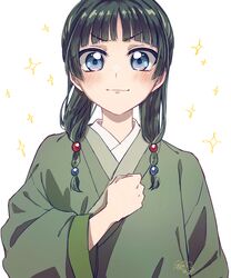  1girl beads blue_eyes blush chinese_clothes commentary_request eyelashes freckles green_hair hair_beads hair_ornament happy highres kusuriya_no_hitorigoto looking_at_viewer maomao_(kusuriya_no_hitorigoto) medium_hair sasano-01 signature simple_background smile solo standing white_background 