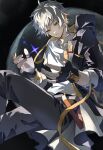  1boy black_gloves black_jacket black_pants black_sky caelus_(honkai:_star_rail) collarbone feet_out_of_frame fingerless_gloves fingernails flying gloves grey_hair hair_between_eyes hands_up hibati_0815 highres honkai:_star_rail honkai_(series) hood hooded_jacket jacket long_sleeves looking_down male_focus moon open_clothes open_jacket outdoors pants shirt short_hair sky solo space star_(symbol) t-shirt teeth trailblazer_(honkai:_star_rail) two-sided_fabric two-sided_jacket white_shirt yellow_eyes yellow_jacket 