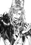  1boy animal_ear_fluff animal_ears bishounen character_request chinese_clothes earrings fangs fingernails fox_ears fur_scarf golden_light_puppet_show hair_between_eyes hair_ornament hanfu highres jewelry jinguang_budaixi layered_sleeves long_sleeves looking_at_viewer male_focus necklace open_mouth ponytail simple_background sleeves_past_wrists smile solo stormm tassel tassel_earrings teeth thick_eyebrows upper_body white_background 