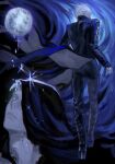  1boy back blue_coat blue_eyes coat colored_skin cracked_skin devil_may_cry_(series) devil_may_cry_5 full_moon glowing glowing_eyes grey_skin hair_slicked_back higan1113557 highres moon nelo_angelo solo vergil_(devil_may_cry) white_hair 