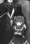 1boy 1girl blunt_bangs brother_and_sister buttons cape child cropped_head dress fingernails formal frilled_dress frilled_sleeves frills greyscale hair_bobbles hair_ornament hand_on_another&#039;s_shoulder height_difference highres jacket jewelry key key_necklace light_smile lolita_fashion long_sleeves looking_at_object monochrome necklace necktie official_art open_mouth puffy_long_sleeves puffy_sleeves scan siblings sidelocks standing suit third-party_source tomohi twilight_of_the_golden_witch two_side_up umineko_no_naku_koro_ni ushiromiya_ange ushiromiya_battler 