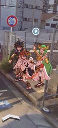  1girl 2boys ahoge angel angel_wings bike_shorts black_hair black_scarf black_wings blue_eyes chain-link_fence dark_pit fence full_body google_street_view green_hair high_school_girls_posing_for_google_street_view_(meme) kid_icarus kid_icarus_uprising laurel_crown meme multiple_boys one_eye_closed palutena photo-referenced pit_(kid_icarus) red_eyes saku_utvtu scarf siblings smile twins white_scarf white_wings wings 
