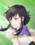  1girl armor black_hair breastplate chatarou_(chatachata0201) earrings fire_emblem fire_emblem:_genealogy_of_the_holy_war gloves hair_between_eyes jewelry larcei_(fire_emblem) open_mouth portrait purple_tunic serious short_hair shoulder_armor sidelocks simple_background solo tunic violet_eyes 