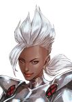  1girl absurdres animification blue_eyes cirenk dark-skinned_female dark_skin highres lightning_bolt_earrings marvel short_hair smile solo storm_(x-men) superhero_costume very_dark_skin white_hair x-men 