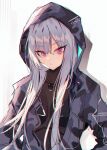  1girl absurdres ak-12_(faint_light_of_furthest_day)_(girls&#039;_frontline) ak-12_(girls&#039;_frontline) black_bodysuit bodysuit camouflage camouflage_jacket girls_frontline grey_hair grey_jacket highres hood hood_up hooded_jacket jacket long_hair looking_at_viewer open_clothes open_jacket simple_background solo soukou_makura upper_body violet_eyes 