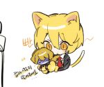  1boy 1girl animal_ears animal_hands bad_id bad_twitter_id bbunny bird_wings blonde_hair cat_ears cat_tail closed_mouth don_quixote_(project_moon) gloves limbus_company paw_gloves project_moon sinclair_(project_moon) smile tail wings yellow_eyes 