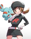 1girl absurdres belt black_headwear black_shirt black_skirt breasts brown_eyes brown_hair gloves gonzarez grin hat highres holding holding_poke_ball looking_at_viewer lyra_(pokemon) phanpy poke_ball poke_ball_(basic) pokemon pokemon_(creature) pokemon_hgss sagging_breasts shirt simple_background skirt smile team_rocket team_rocket_uniform twintails white_background white_belt white_gloves