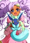  1girl akane_kazami commentary creature dark-skinned_female dark_skin dated dress forehead_jewel frilled_sleeves frills highres holding holding_creature long_hair looking_at_viewer meredy_(tales) open_mouth pet pink_dress purple_hair quickie_(tales) smile tales_of_(series) tales_of_eternia twintails violet_eyes white_background 