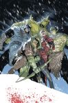 1girl 4boys blonde_hair blood boots character_request comic_cover dagger dc_comics gloves green_arrow_(series) green_hood helmet highres killer_croc kjlbs knife long_hair male_focus multiple_boys official_art oliver_queen red_arrow swamp_thing weapon western_comics_(style) 