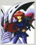  1980s_(style) 1girl bodysuit grin gundam haman_karn hands_on_own_hips highres key_visual looking_at_viewer machinery magazine_scan mecha mikimoto_haruhiko mobile_suit official_art promotional_art qubeley red_eyes redhead retro_artstyle robot scan science_fiction smile traditional_media upper_body zeta_gundam 