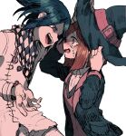  1boy 1girl absurdres arm_belt belt belt_buckle black_hair black_hat black_jacket black_scarf black_sleeves blazer blunt_ends blush buckle buttons chain checkered_clothes checkered_scarf coattails collar collared_jacket collared_shirt commentary_request cowboy_shot crying crying_with_eyes_open danganronpa_(series) danganronpa_v3:_killing_harmony denim double-breasted eye_contact eyelashes face-to-face fingernails furrowed_brow hand_on_another&#039;s_headwear hand_on_headwear hat hat_belt highres jacket jeans layered_sleeves long_sleeves looking_at_another multicolored_buttons multiple_belts oma_kokichi open_mouth outstretched_hand pants pink_belt pink_collar pink_vest pocket red_eyes redhead sarami_(sa_rami30) scarf shirt short_hair simple_background smile teardrop tears teeth thigh_belt thigh_strap torn_clothes torn_jeans torn_pants two-tone_scarf upper_teeth_only v-neck vest violet_eyes white_background white_belt white_jacket white_pants white_scarf white_shirt white_sleeves wide-eyed witch_hat yumeno_himiko 