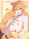  1boy absurdres animal_ears buttons cake cake_slice dog_ears dog_tail food fork highres long_sleeves looking_at_viewer male_focus multicolored_hair open_mouth orange_hair paw_print project_sekai shinonome_akito shirt short_hair streaked_hair tail yamggu 