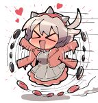  &gt;_&lt; :d afterimage ahoge blush chibi cropped_jacket dress elphelt_valentine excited guilty_gear guilty_gear_strive hairband heart itsuka_neru jacket open_clothes open_jacket open_mouth pink_hairband pink_jacket simple_background smile spiked_hairband spikes white_background white_dress white_hair xd 