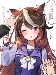  1boy 1girl ;d animal_ears blush bow breasts brown_hair collarbone commentary_request grabbing_another&#039;s_ear grey_hair hair_between_eyes hand_on_another&#039;s_ear highres holding_hands horse_ears interlocked_fingers long_hair long_sleeves medium_breasts multicolored_hair one_eye_closed out_of_frame purin_jiisan purple_shirt school_uniform shirt simple_background smile solo_focus streaked_hair symboli_rudolf_(umamusume) tracen_school_uniform trainer_(umamusume) translation_request two-tone_hair umamusume upper_body very_long_hair violet_eyes white_background white_bow 