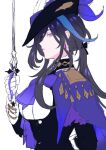  1girl ascot black_hair black_hat blue_hair breasts clorinde_(genshin_impact) from_side genshin_impact gloves hat holding holding_sword holding_weapon long_hair long_sleeves looking_at_viewer multicolored_hair onegingek profile purple_ascot simple_background solo sword tricorne upper_body violet_eyes weapon white_background white_gloves 