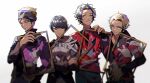  4boys android armor black_hair blonde_hair blurry blurry_foreground brown_hair driver_(kamen_rider) hito01 holding horobi_(kamen_rider_01) humagear_headphones ikazuchi_(kamen_rider_01) jacket jin_(kamen_rider_01) kamen_rider kamen_rider_01_(series) kamen_rider_horobi kamen_rider_ikazuchi kamen_rider_jin kamen_rider_naki looking_at_viewer male_focus multiple_boys naki_(kamen_rider_01) necktie pants purple_armor red_armor red_eyes rider_belt robot_ears shirt short_hair simple_background smile tokusatsu white_armor white_background yellow_eyes 