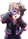  1boy blue_eyes brown_hair crown_necklace hair_between_eyes highres jacket jewelry kagachi_118 kingdom_hearts male_focus necklace one_eye_closed open_mouth short_hair short_sleeves solo sora_(kingdom_hearts) spiky_hair white_background 