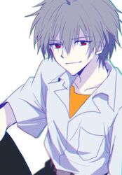  1boy arms_out_of_frame belt belt_buckle black_pants breast_pocket buckle closed_mouth collarbone collared_shirt grey_hair hair_behind_ear hair_between_eyes highres looking_ahead male_focus nagisa_kaworu neon_genesis_evangelion open_collar orange_shirt pants pocket red_eyes shirt simple_background solo tousok undershirt upper_body white_background white_shirt 