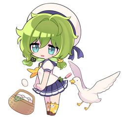  1girl animal_ear_legwear basket benghuai_xueyuan bird blue_eyes blue_sailor_collar blue_skirt brown_footwear cat_ear_legwear cat_hair_ornament cellphone cellphone_charm charm_(object) chibi collared_shirt egg full_body goose green_hair hair_between_eyes hair_intakes hair_ornament hat highres honkai_(series) low_twintails mian_zhi_bao neckerchief official_art open_mouth phone pleated_skirt sailor_collar school_uniform serafuku shirt shoes short_twintails skirt smartphone socks solo transparent_background twintails white_beret white_hat white_shirt yellow_neckerchief yellow_socks yssring_leavtruth 