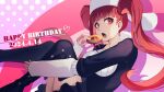  1girl 2024 :o black_dress black_thighhighs bleach commentary dated dokugamine_riruka doughnut dress drop_shadow eyelashes feet_out_of_frame floating_hair food hand_up happy_birthday hat heart highres holding holding_doughnut holding_food knees_together_feet_apart knees_up light_blush long_hair looking_at_viewer multicolored_background open_mouth pink_background polka_dot polka_dot_background purple_background red_eyes redhead short_dress simple_background sitting sleeves_past_wrists solo sumire_1046 thigh-highs twintails very_long_hair white_hat zettai_ryouiki 