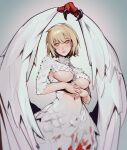  1girl absurdres blonde_hair blood breasts chimera closed_mouth covered_nipples cowboy_shot dungeon_meshi expressionless falin_touden falin_touden_(chimera) feathered_wings feathers grey_background hands_on_own_chest highres interlocked_fingers large_breasts lavelis lips looking_at_viewer monster_girl navel own_hands_together parted_bangs short_hair simple_background sleeves_past_elbows slit_pupils solo white_wings wings yellow_eyes 