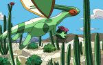  bush cactus claws closed_mouth clouds commentary_request day flygon flying from_side holding no_humans outdoors pokemon pokemon_(creature) sagemaru-br sky smile solo 