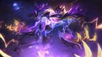  1boy claws colored_skin crystalis_indomitus_xerath english_commentary extra_eyes glowing glowing_eye highres league_of_legends lightning magic male_focus moon official_alternate_costume official_art outdoors rock solo violet_eyes water xerath 