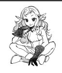  1girl armor boots breasts bright_pupils dress dungeon_meshi elf fleki full_body gloves hand_up head_rest indian_style long_hair monochrome notched_ear pointy_ears simple_background sitting sleeveless sleeveless_dress smile solo uniform zijunqvq 