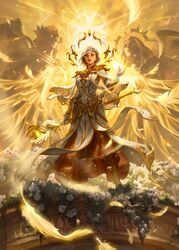 1girl absurdres amber_eyes angel_wings energy_ball falling_feathers feathers fingerless_gloves flesh_and_blood flower gloves hair_ornament highres holding holding_staff livia_prima looking_at_viewer luminaris monocle official_art parted_lips prism_(flesh_and_blood) solo staff wings 
