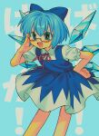  1girl :d adjusting_eyewear bespectacled blue_bow blue_dress blue_eyes blue_hair bow cirno commentary_request dress feet_out_of_frame frilled_sleeves frills glasses hair_bow hand_on_eyewear hand_on_own_hip highres ice ice_wings leaning_forward looking_at_viewer menma_(enaic31) open_mouth pinafore_dress red-framed_eyewear red_ribbon ribbon short_hair short_sleeves signature sleeveless sleeveless_dress smile solo touhou v-shaped_eyebrows wings 