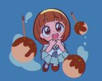  1girl blue_background blue_sailor_collar blue_skirt brown_eyes brown_hair chibi color8838 food kill_la_kill mankanshoku_mako open_mouth sailor_collar school_uniform serafuku shirt short_hair simple_background skirt smile solo takoyaki white_shirt 