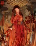  1girl blood blood_in_hair blood_on_weapon china_dress chinese_clothes dress highres long_hair long_sleeves mural original red_dress solo sword tagme velinxi weapon 