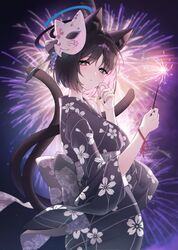  1girl absurdres aerial_fireworks alternate_costume animal_ears black_eyes black_hair black_kimono blue_archive blue_halo blush cat_ears cat_girl cat_tail closed_mouth commentary_request fireworks floral_print_kimono fox_mask from_side halo highres holding holding_fireworks japanese_clothes kikyou_(blue_archive) kimono long_sleeves looking_at_viewer mask mask_on_head multiple_tails nekomata night night_sky raki_kr short_hair sky solo tail two_tails 