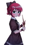  1girl black_eyes blush bow center_frills collared_dress commentary dress drumsticks freckles frills h2co3_vv hair_bow highres kim_pine looking_at_viewer neck_ribbon open_mouth ponytail redhead ribbon scott_pilgrim_(series) short_hair short_sleeves solo sweat wrist_cuffs 