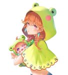  1girl absurdres animal_costume animal_hood chibi choker dual_persona earrings feather_earrings feathers frog frog_costume frog_hood frogiwawa green_choker highres holding hololive hololive_english hood jewelry looking_at_viewer lucferz official_alternate_costume onesie open_mouth orange_hair simple_background smile solo takanashi_kiara takanashi_kiara_(casual) violet_eyes virtual_youtuber white_background 