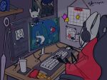  1girl black_skin calendar_(object) chair chat_log colored_skin desk drawing_(object) ekkopiee headphones hollow_knight hornet_(hollow_knight) indoors keyboard_(computer) knight_(hollow_knight) monitor mouse_(computer) playing_games sitting solo stuffed_toy table 