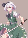  1girl black_bow black_bowtie black_hairband blue_eyes bow bowtie brown_background closed_mouth collared_shirt commentary_request green_skirt green_vest hairband highres hitodama_print holding holding_sword holding_weapon katana konpaku_youmu looking_at_viewer nere_stella puffy_short_sleeves puffy_sleeves shirt short_hair short_sleeves skirt skirt_set smile solo sword touhou unsheathed vest weapon white_hair white_shirt 